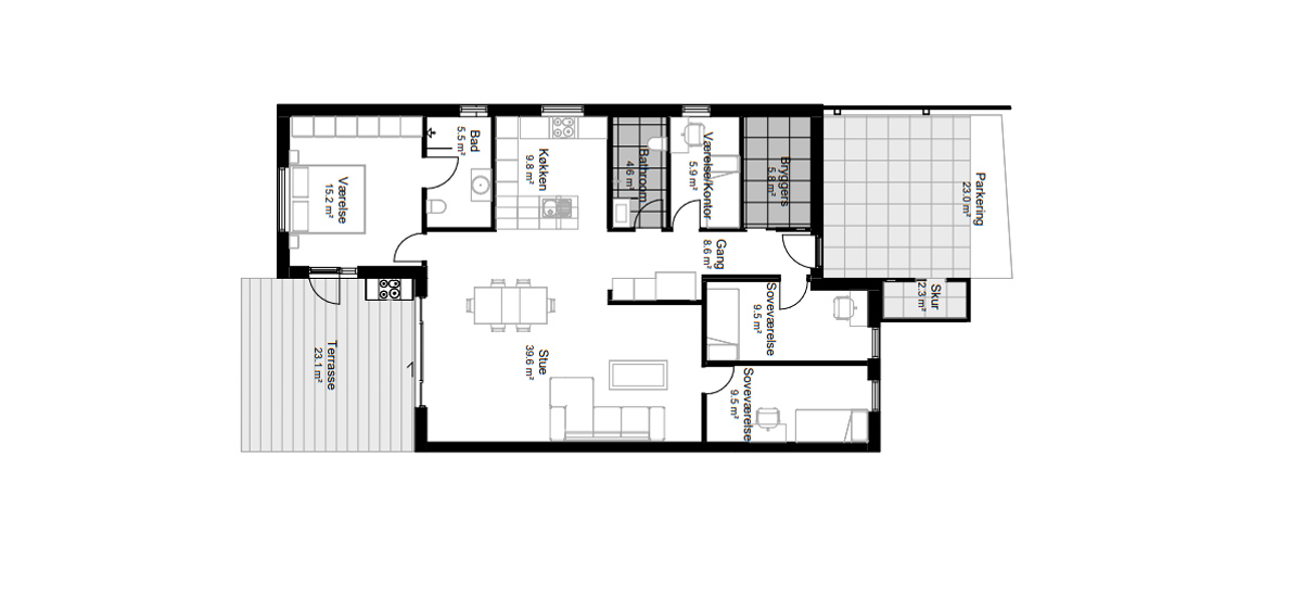 Gårdhave huse Model høj 134 m2 Bozel hus Designhus Lavenergi plantegning