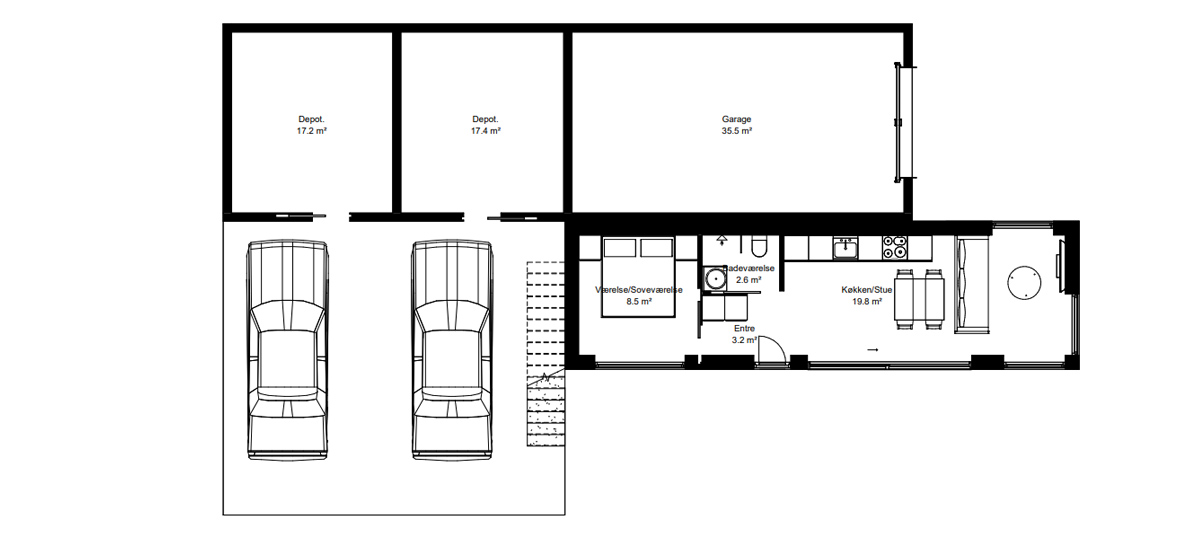 Tiny house plantegning køb Stack Living 80+45 m2 Lavenergi hus Bozel Designhus